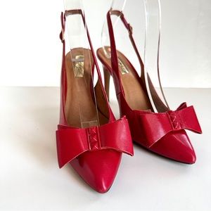 HALOGEN LILA RED LEATHER STUDDED BOW POINTED-TOE SLINGBACK HEELS PUMPS Sz7